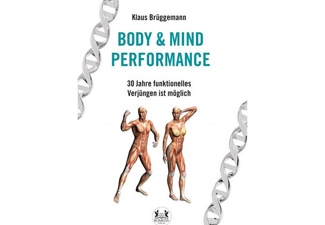Buchcover BODY & MIND PERFORMANCE von Klaus Brüggemann. Auf dem Cover zwei anatomische Illustrationen Mann/Frau