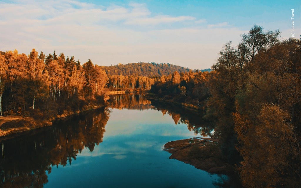 Herbstwald mit Fluss in Lettland