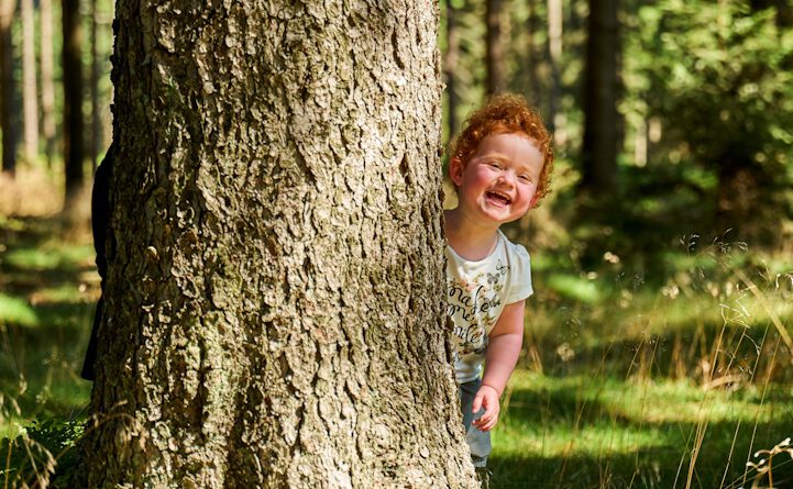Kleines KInd versteckt sich hinter einem Baum im Wald
